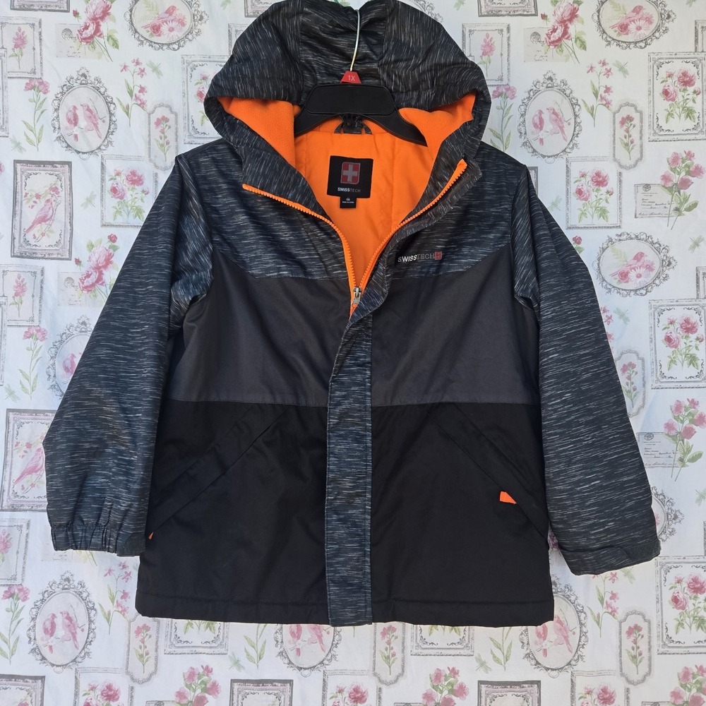Swiss Tech Boys 8 Medium Jacket Black Gray Orange Full Zip‎ Hooded Windbreaker